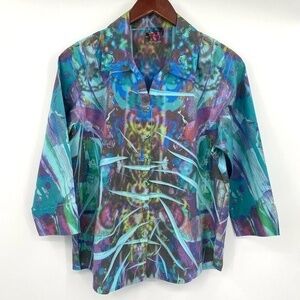Y2K Distinct Top Womens Small Sublimation Art to Wear Button Up Collared‎ Artsy